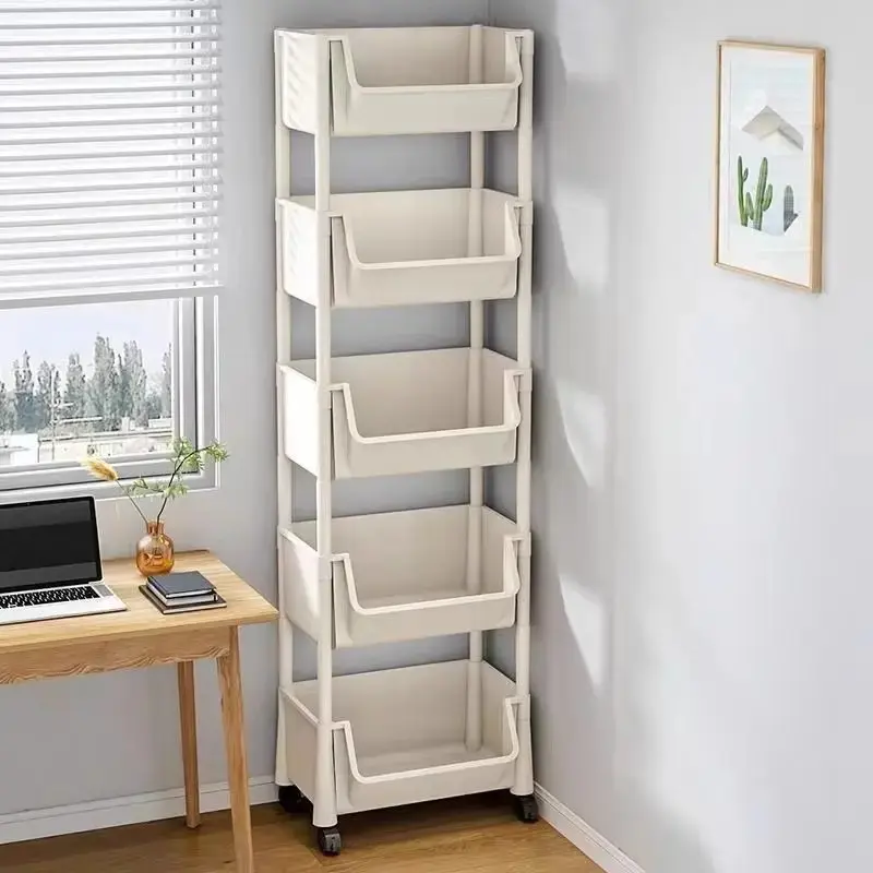 5-tier multi-functional plastic storage cart; allows for flexible layer configuration; equipped with wheels for mobility; suitable for various settings such as the kitchen, bathroom, living room, and bedroom. multi-layer shelf category label