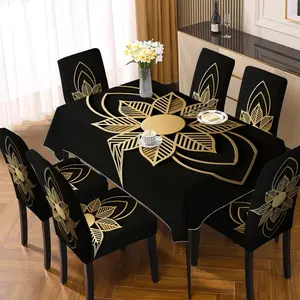 Black and Gold Geometric Leaf Tablecloth and Chair Cover Set, Stretchable Minimalist Dining Decor for Home and Restaurant(5-piece set: 4 chair covers and one 220CM tablecloth) (7-piece set: 6 chair covers and one 220CM tablecloth)