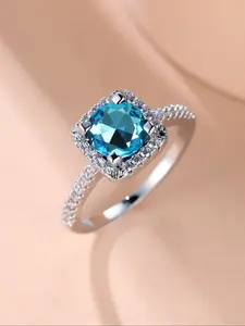 Luxurious Square Aquamarine Cubic Zirconia Silver Four-Prong Ladies' Ring An exquisite, versatile accessory designed for the modern woman The perfect gift for ladies' jewellery Cubic Zirconia Rings