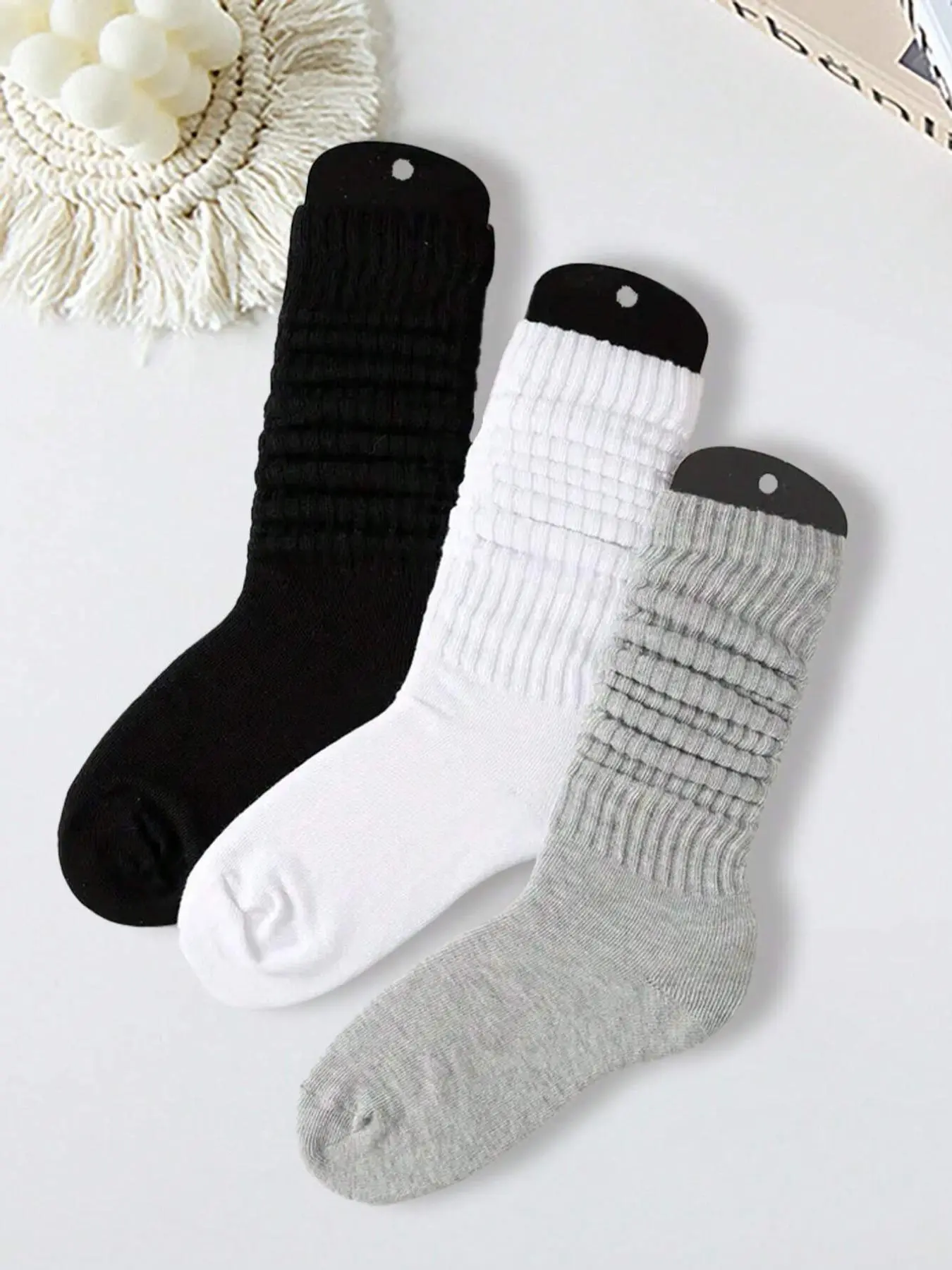 Women's 3 Pairs Solid Fitted Slouch Crew Knit Fabric Socks, Fashion Casual Comfy Soft Socks for Daily Outdoor Wear, Ladies Socks for All Seasons, Knitted Socks