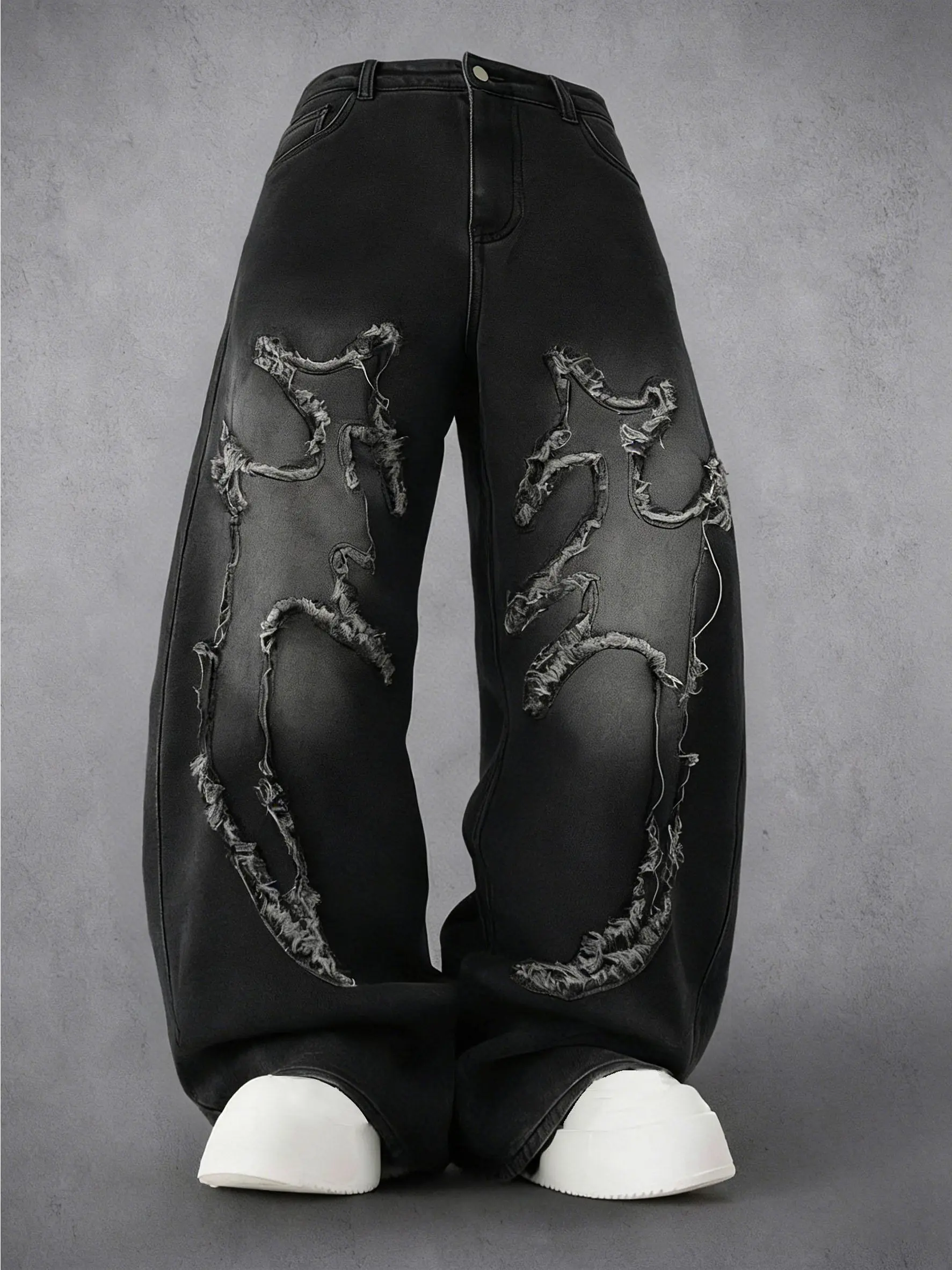 Men's Black Washed Star Frayed Patchwork Wide Leg Jeans Cotton Blend Baggy Denim Streetwear Pants