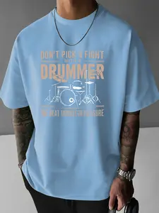 Drummer Slogan Fun Short Sleeve T-Shirt, Geometric Pattern, Fitted Long Clothing, Casual Style, No Ca Prop 65 Warning