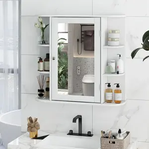 Wall Mounted Bathroom Medicine Cabinet with Mirror, Door, Adjustable & Open Shelves,Mirrored Storage Cabinet，White