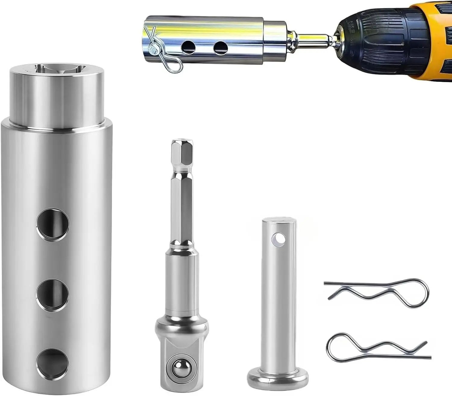 Trailer Jack Drill Adapter with Socket Bit Attachment, Stainless Steel Handle Cordless Drill Adapter with 1 Inch Jack Drive Shaft for Top Crank Wind Handle RV Boat Utility Trailers