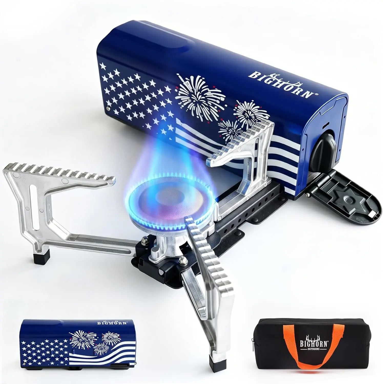BIG HORN OUTDOORS Folding Butane Camping Stove, Portable 7500 BTU Backpacking Gas Burner with Cast Iron & Copper Construction, Includes Carry Bag for Outdoor Cooking, Camping Supplies, Backpacking Stove, Foldable Gas Burner, Outdoor Cooking Supplies, Outd