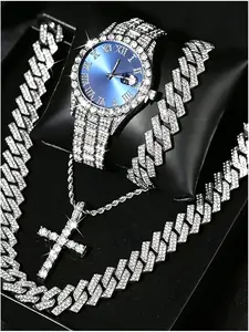 4-Piece Hip-Hop Rhinestone Watch Set, Vintage Dial Cross Chain Wristwatch, Fashionable Men's Accessories, No Box Included