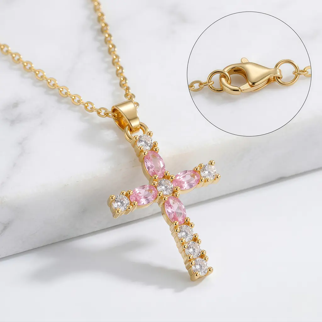 Sweetheart Cross 14K Gold Filled Cross Necklace for Women Pink & White CZ Pendant Hypoallergenic Religious Jewelry Gift for Church Date Night Birthday Everyday, Daily Wear Necklace, Cross Design Pendant