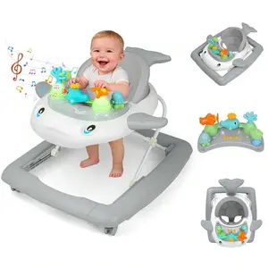 Foldable Dolphin Baby Activity Walker - 3 Adjustable Heights, 360° Smooth Wheels, Music & Lights Toys, Infant Walker for 6-18 Months Boys & Girls, Fine Motor Skills, Unisex