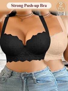 2PCS Comfort Plus Size Wide Strap Full Coverage Minimizer T-Shirt Bra Comfortable, Slimming & Anti-Sagging Underwire Lace Push-Up Bras for Women Everyday