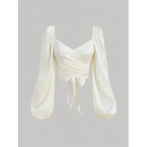 Elegant Ladies' Solid Color Lantern Sleeve Wrap Shirt With Ties, Spring/Summer