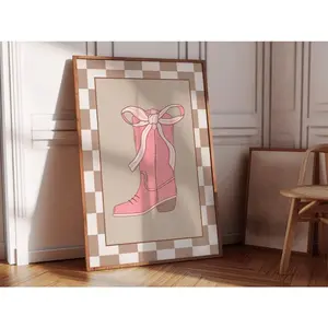 Coquette Cowgirl Poster, Trendy Bow Print, Preppy Cowgirl Boot Art, Dorm Room Decor, Apartment Aesthetic, College Poster