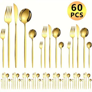 Stainless Steel Cutlery Utensils Set, 60pcs/set Including Knives, Forks & Spoons, Mirror Polished Flatware Set for Parties, Banquets & Restaurants, Utensils, Dinner Sets
