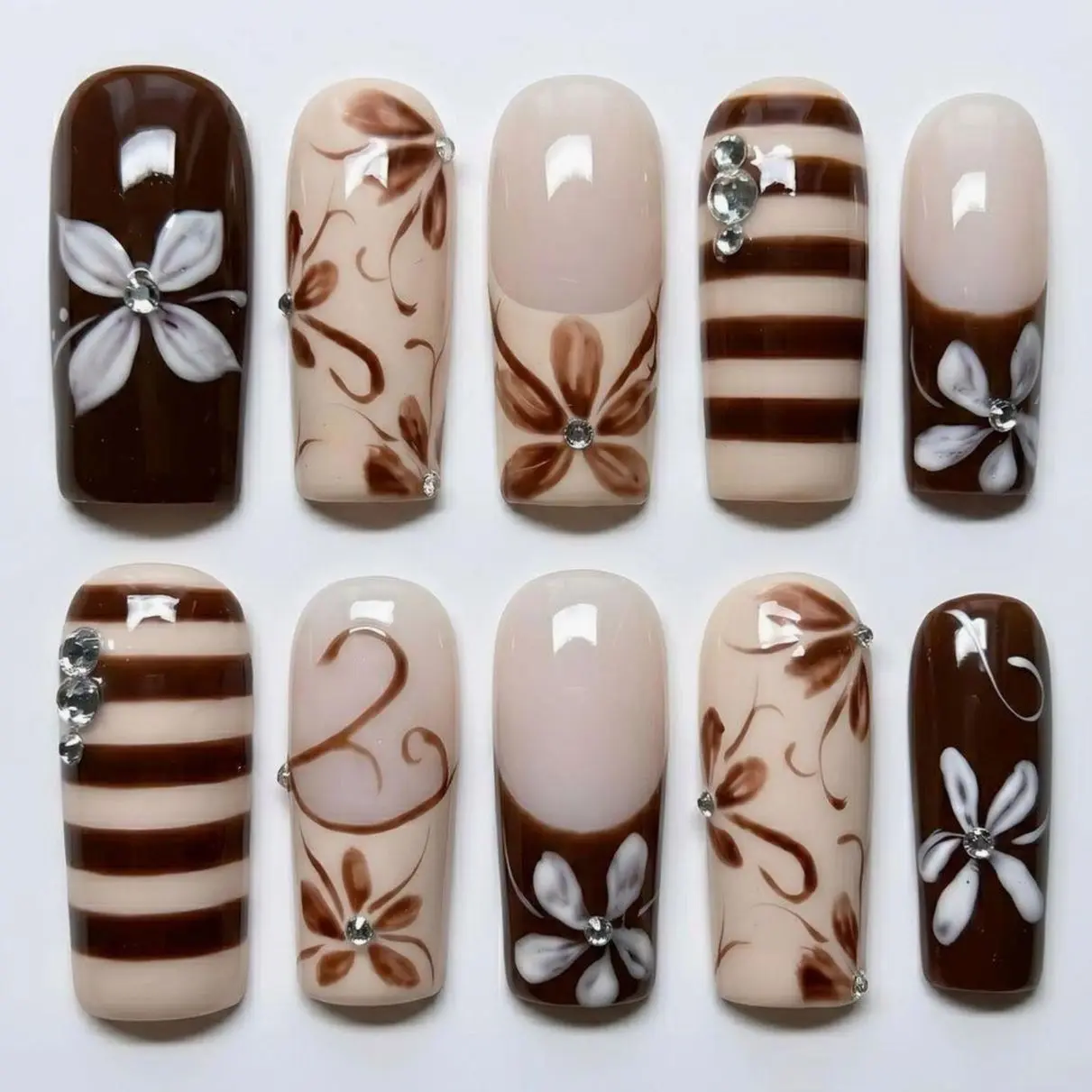 Handmade Chocolate Brown Floral Press On Nails, White 3D Flower, Mocha French Tip, Brown Stripe Accent, Glossy Rhinestone Detail, Elegant Old Money Square Nail Set