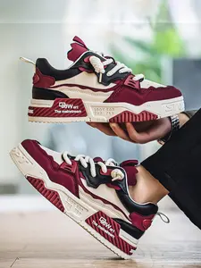 Men's Lace-Up Thick Bottom Color-Block Sports Skate Shoes, Casual Sporty Sneakers, Breathable Comfort for Everyday Wear & Outdoor Activities, Sneaker Streetwear