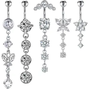 A Set of 7/5/4 Pcs 14G Dangle Belly Button Rings,Surgical Steel Silver Belly Button Rings,Dangling CZ Belly Rings for Women,Silver Gold Belly Button Piercing Jewelry,DIY Hand Tools Kits