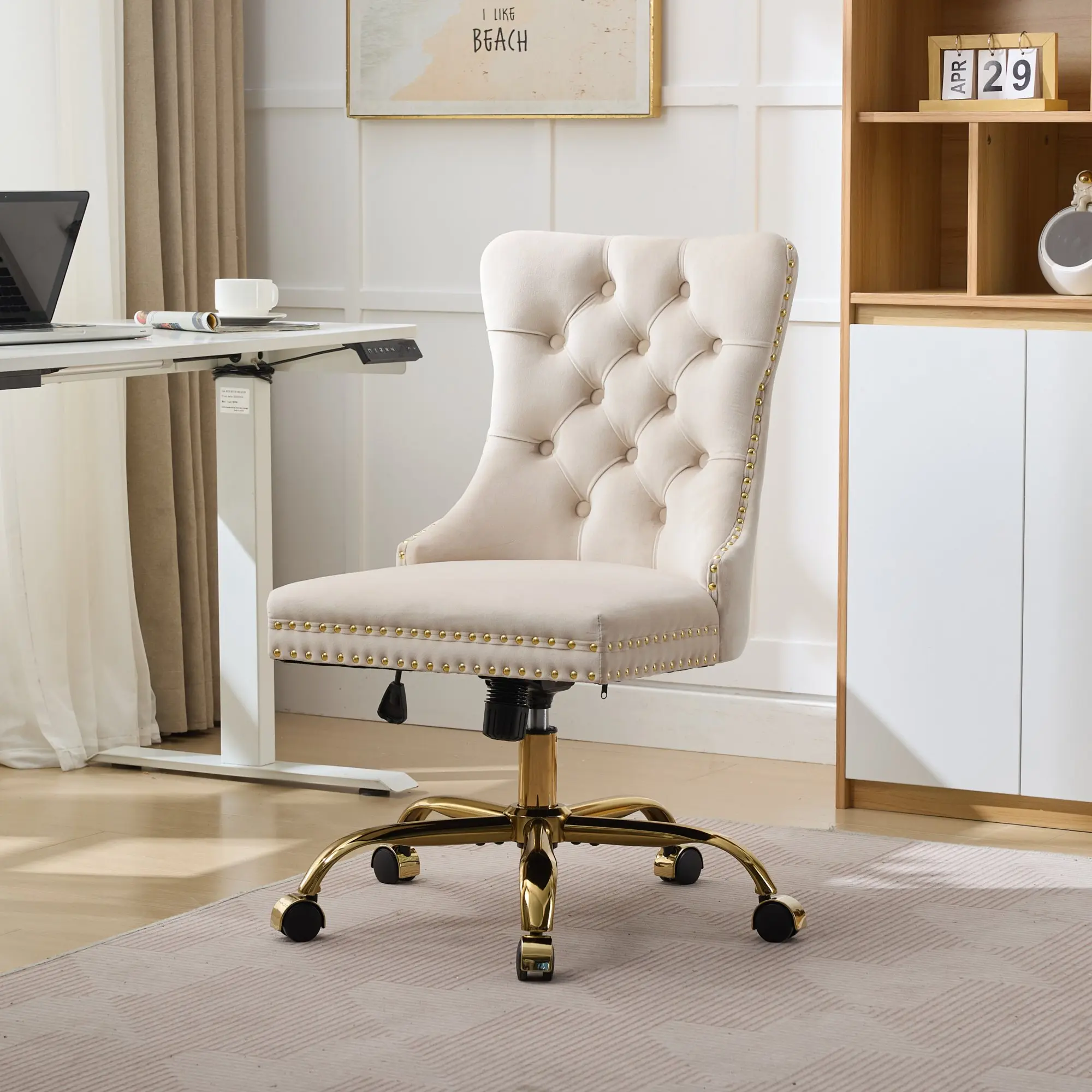 Velvet Armless Home Office Desk Chair with Gold Base/Wheels, Small Cute Vanity/Makeup Chair with Back for Bedroom, Upholstered Adjustable Rolling Swivel Nail Chair for Women/Girls