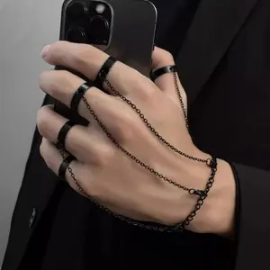 Jewelry - Punk Geometric Black Color Chain Wrist Bracelet Ring For Women Men Open Ring Silver Link Chain Girls Cool Design Fashion Jewelry