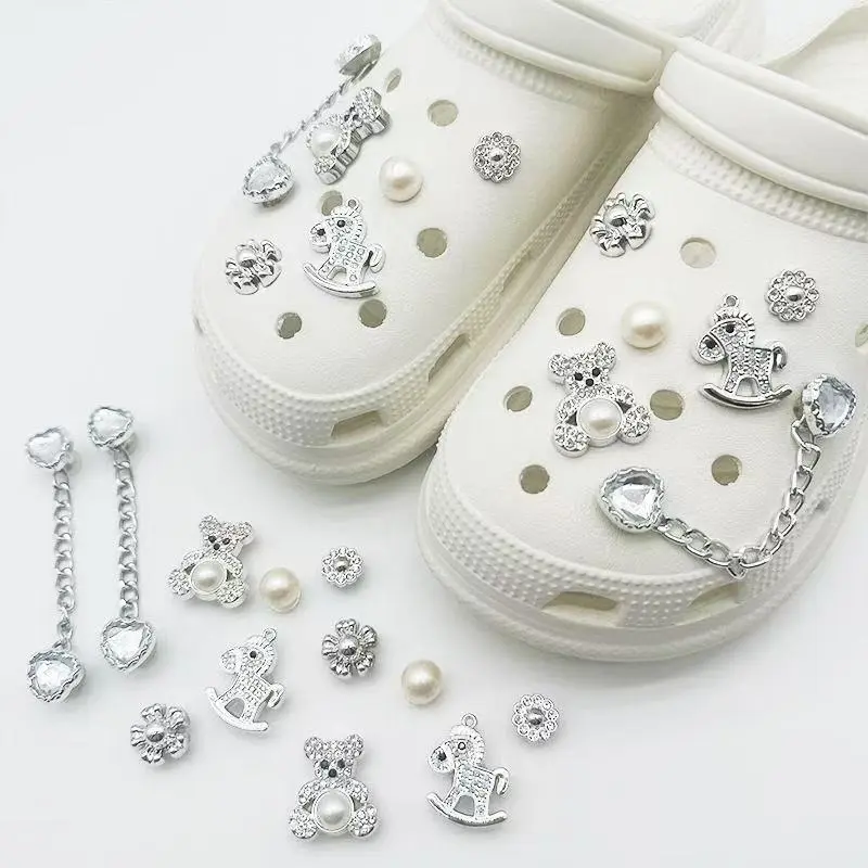 Cute Silver Alloy Shoe Decor Charms, Sparkling Crystal Bear, Trojan Horse, Pearl Flower Chain Charms Compatible with Crocs Clogs, Clog Accessories, Shoe Embellishment Set, Sweet, Easter, Shopping, Chinese New Year, Figure, Dates