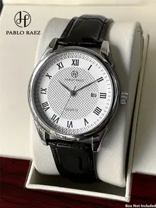 1PC Premium brand design luxurious men's wristwatch, simple white calendar dial, silver SUS304 stainless steel case, high-quality quartz movement, black leather strap, casual business watch, suitable for daily wear, a gift for father or male friends.