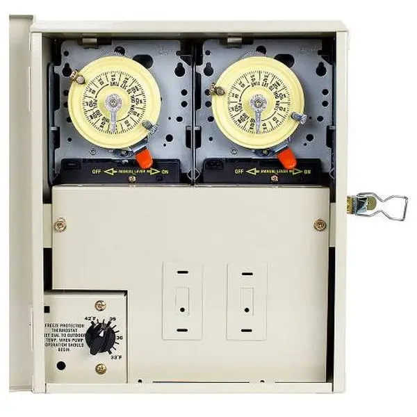 Intermatic Dual Kitchen Timer - 120 VAC 60 Hz, 10 lbs Heavy-Duty Type 3R Metal Enclosure, Freeze Protection, Adjustable Setpoint, 2 T104M Mechanisms for Indoor & Outdoor Kitchen Equipment, Pool/Spa Equipment