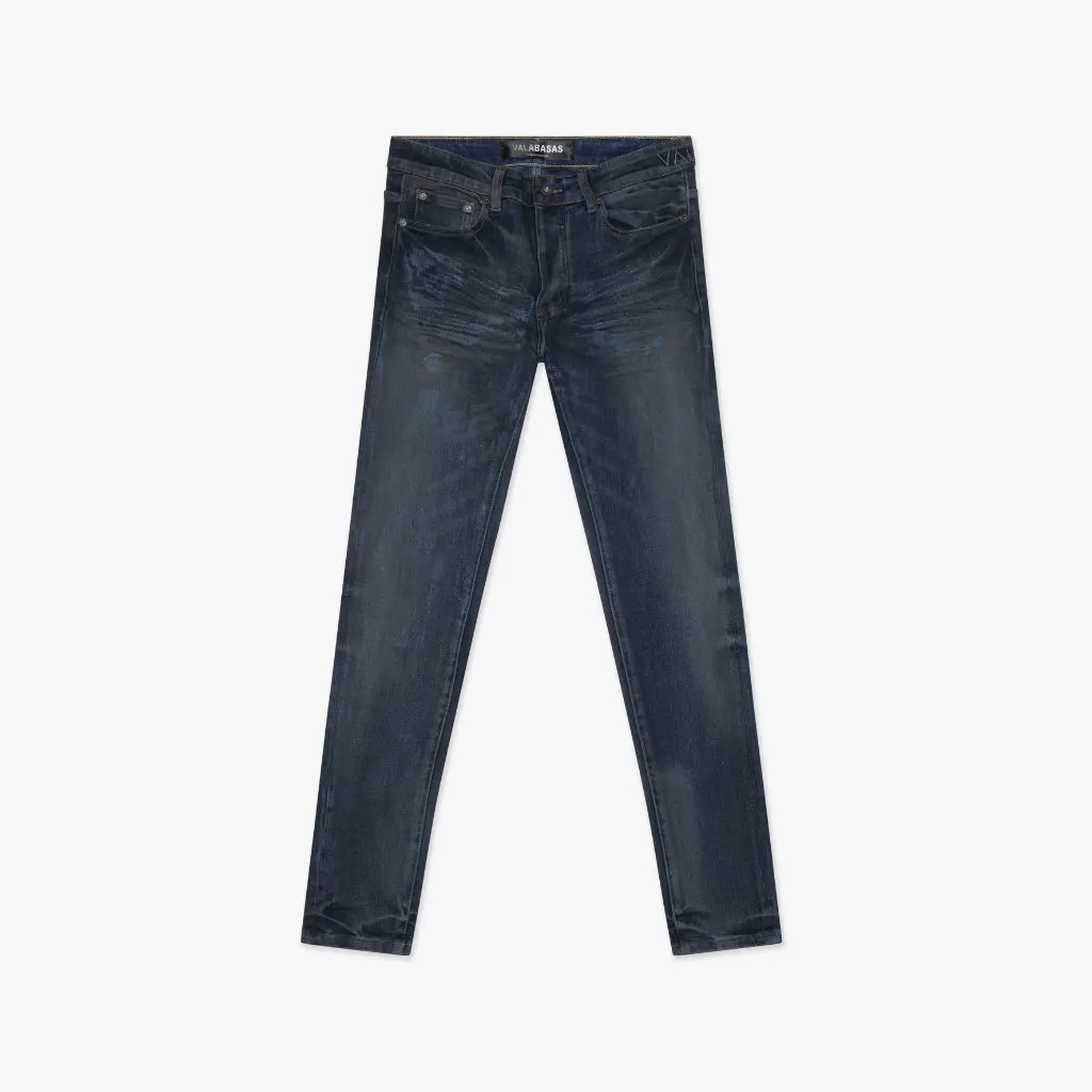 Men's Dark Blue Waxed Skinny Jeans, Solid Tapered Fit in 4-Way Stretch Denim with Subtle Gloss for Sporty Streetwear, Button Waist