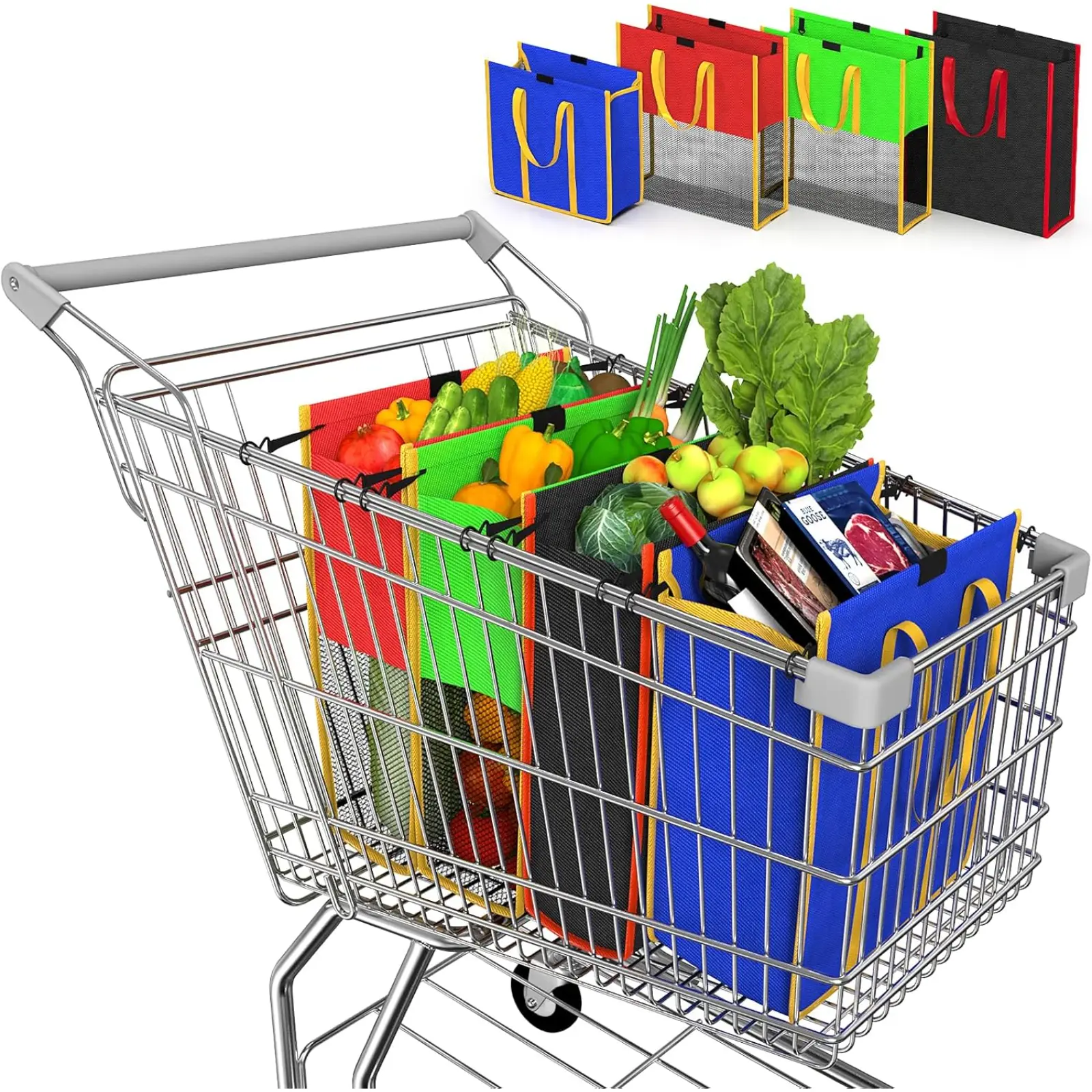 Set of 4 Multi-Purpose Grocery Shopping Trolley Bags Reusable Foldable Washable Food Refrigeration Bags in Blue Red Green Black Colors