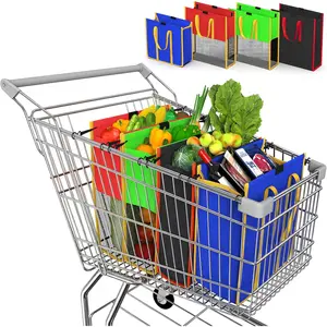 Set of 4 Multi-Purpose Grocery Shopping Trolley Bags Reusable Foldable Washable Food Refrigeration Bags in Blue Red Green Black Colors
