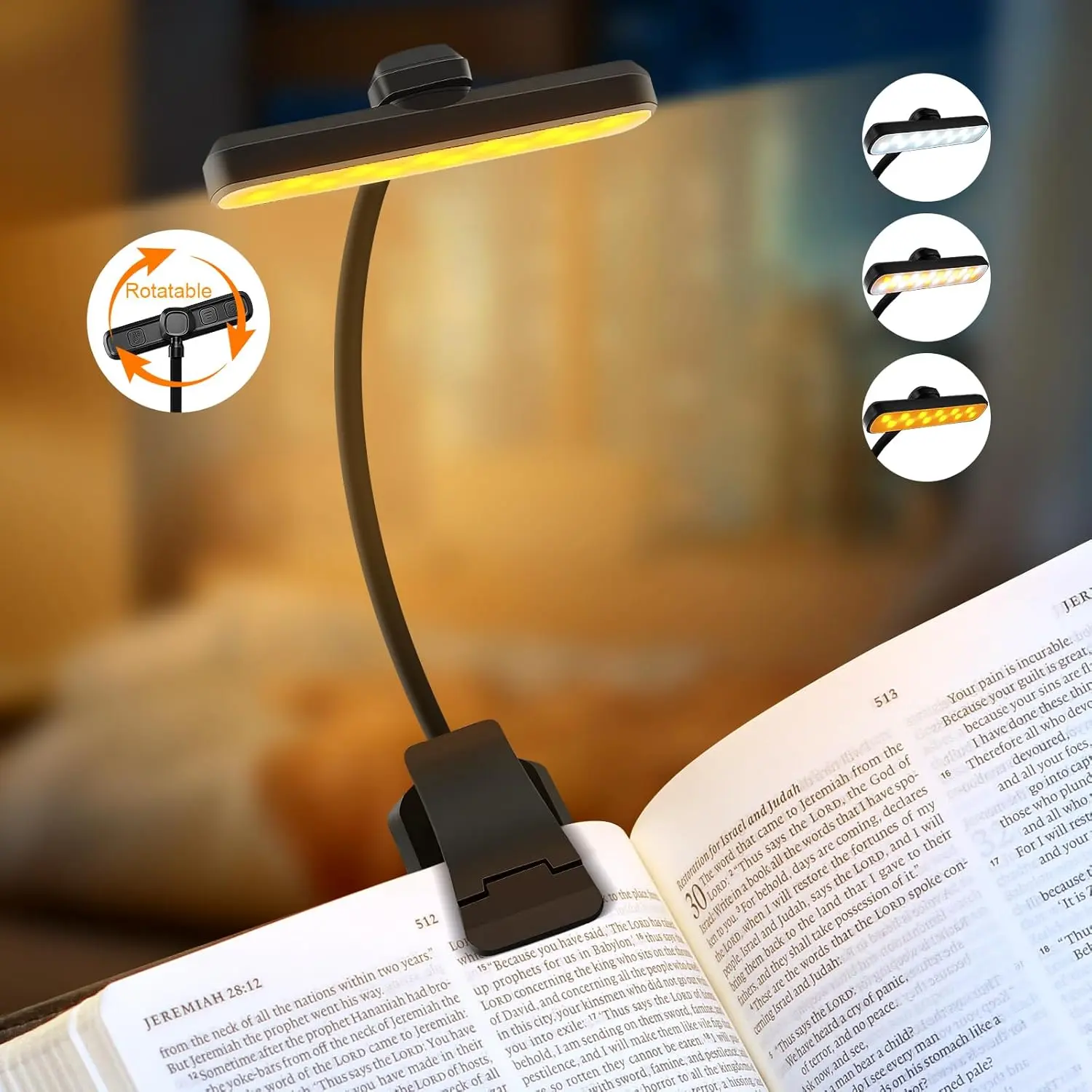 Rechargeable 24 LED Book Light for Reading, 360° Flexible Gooseneck, 5 Color Tones, Clip-on for Books/Tablet/Bed, USB-C, 80H Glare-Free Eye Care