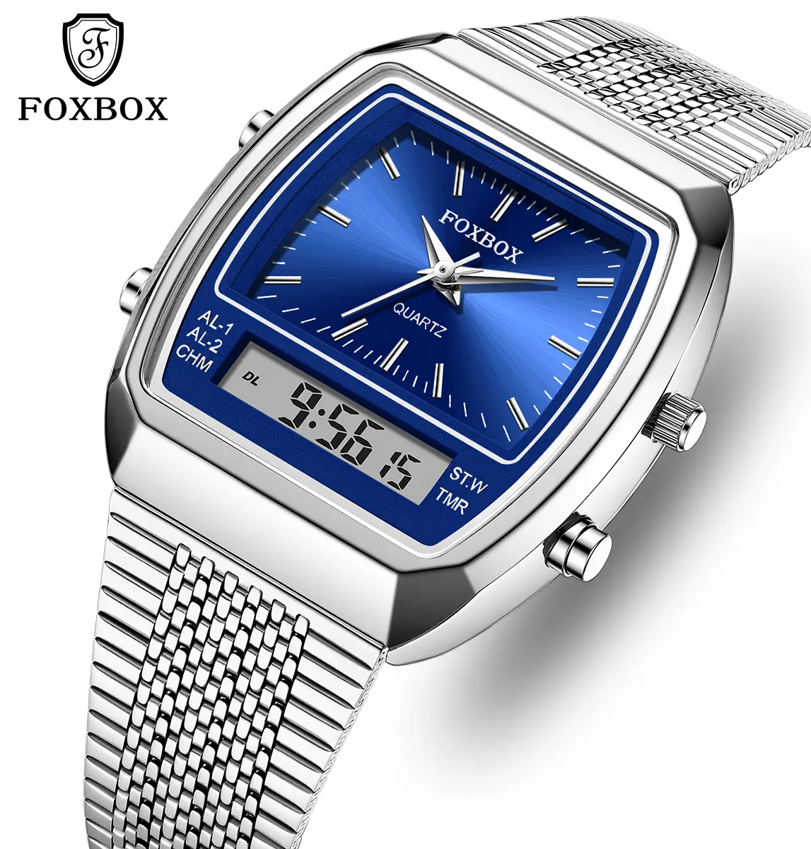 Unisex FOXBOX by LIGE Retro Square Quartz Wristwatch - Dual Display Digital-Analog, Luminous Pointer, Modern Trendy, Adjustable Stainless Steel Band, Water-Resistant, Luminous Pointer Watch