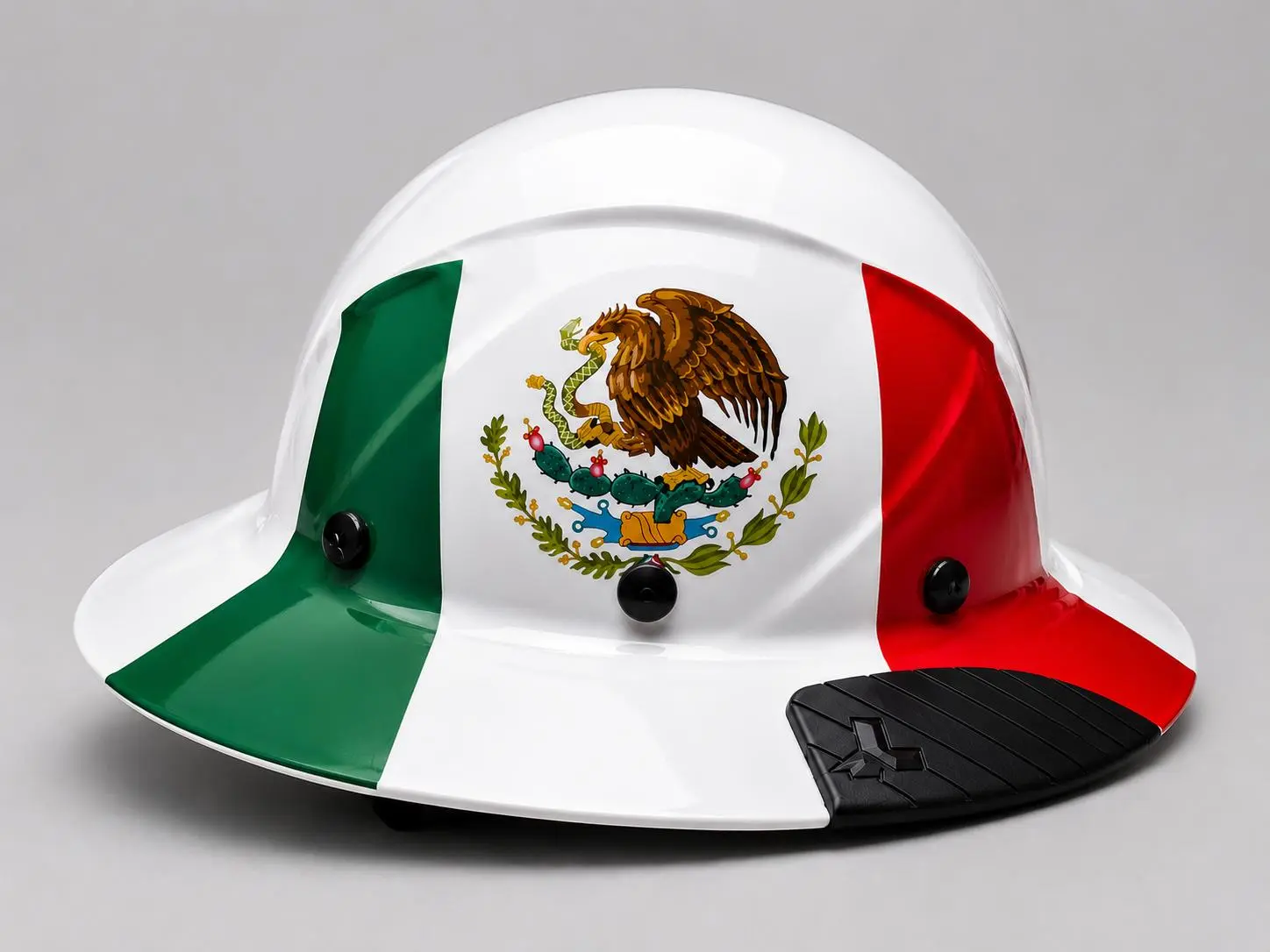 Casco de Seguridad Tipo Mexicano de Ala Completa – Fibra Reforzada 50/50 con Bandera de México y Suspensión Ajustable Adjustable Suspension Mexican Style