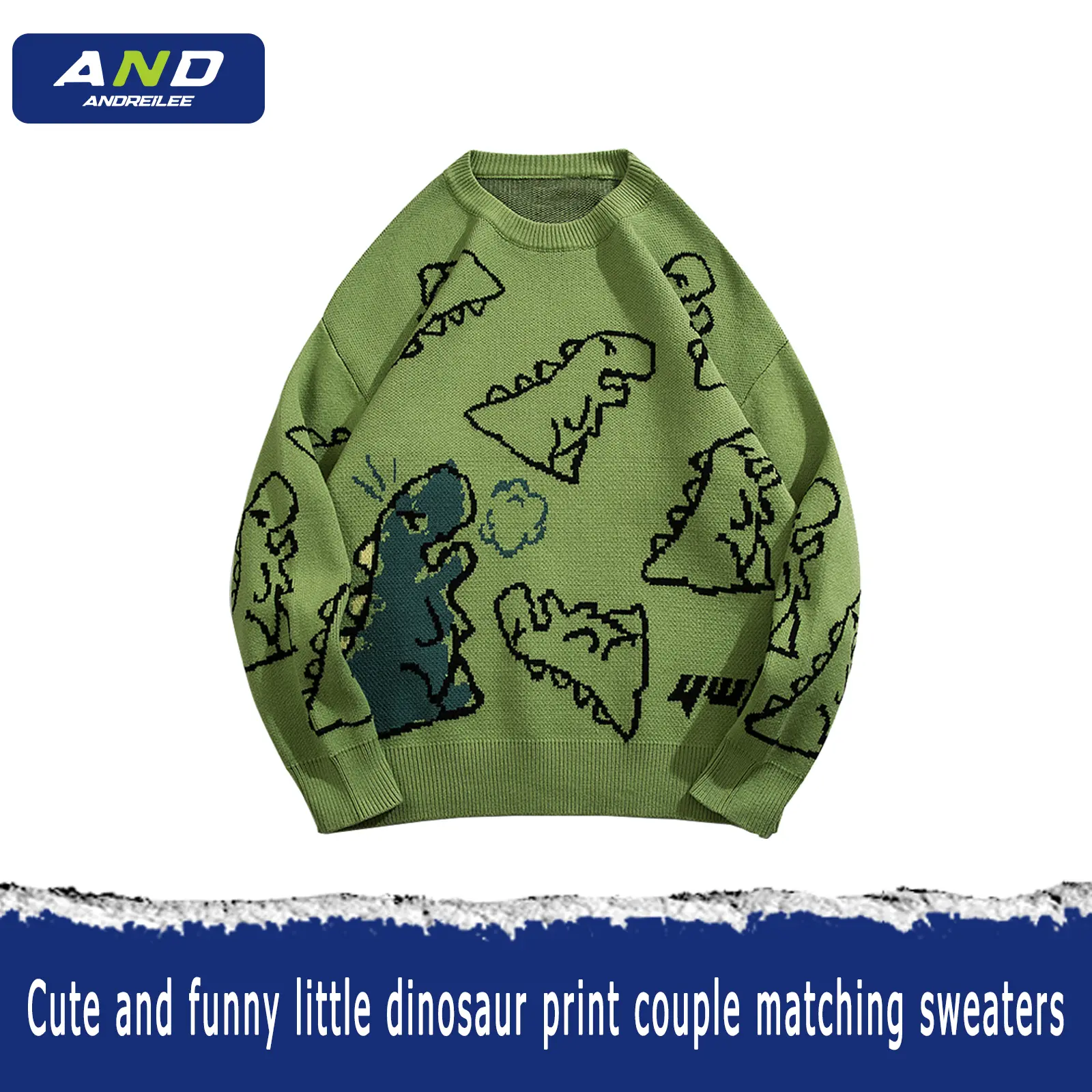 ANDREILEE Round Neck Longsleeves Loose unisex Dinosaur Sweater Men's Knitwear Men's Spring Crewneck Sweatshirt Knitwear Clothes Fall Clothing Women Casual Matching Print Menswear Tops