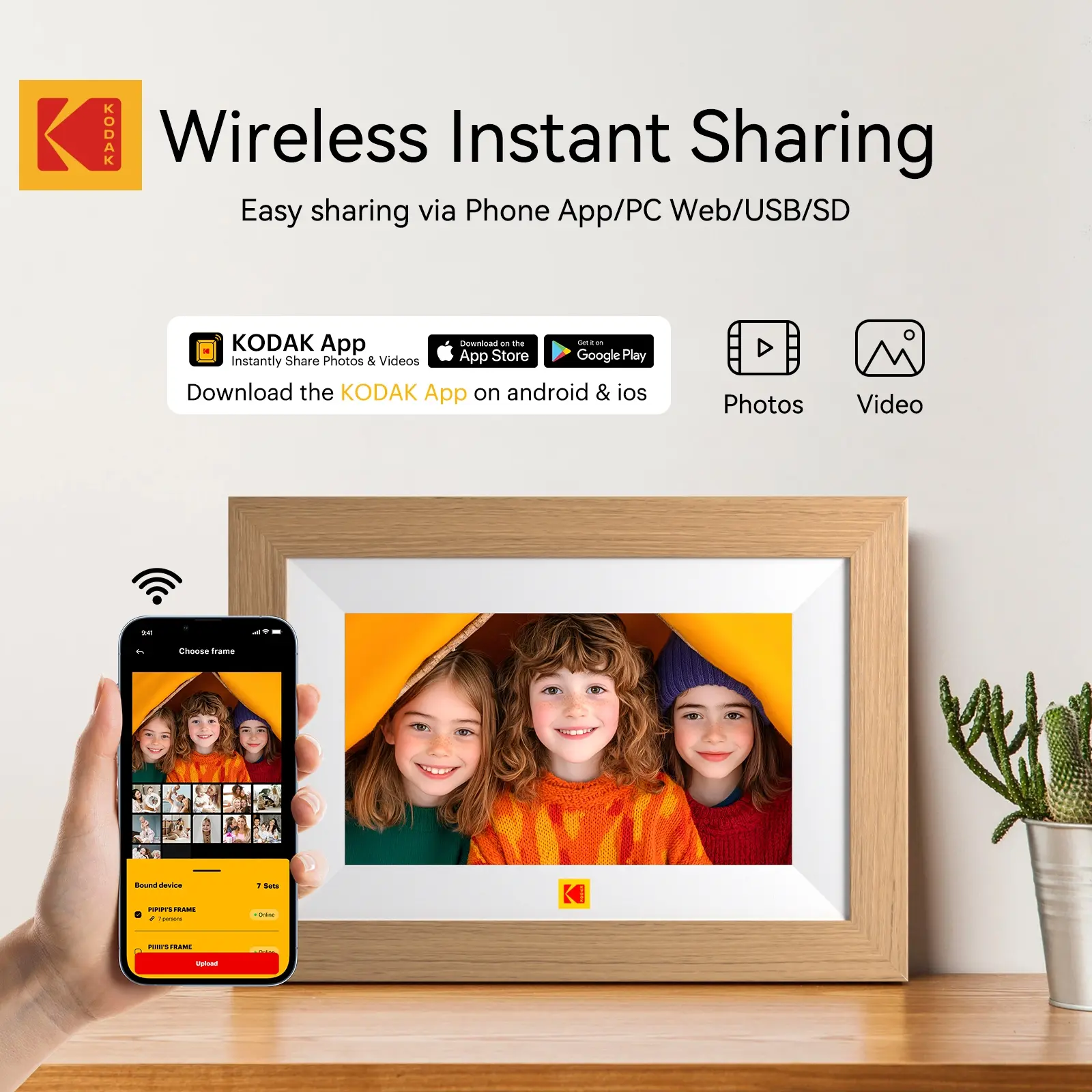 KODAK 7-in Rectangle Digital Photo Frame with Replaceable Wooden Frame, 1024*600 HD Display, WiFi Wireless Connectivity, Remote Control & APP Sharing, Rotating Desktop-Wall Mountable Home Supplies Decor Christmas Gift