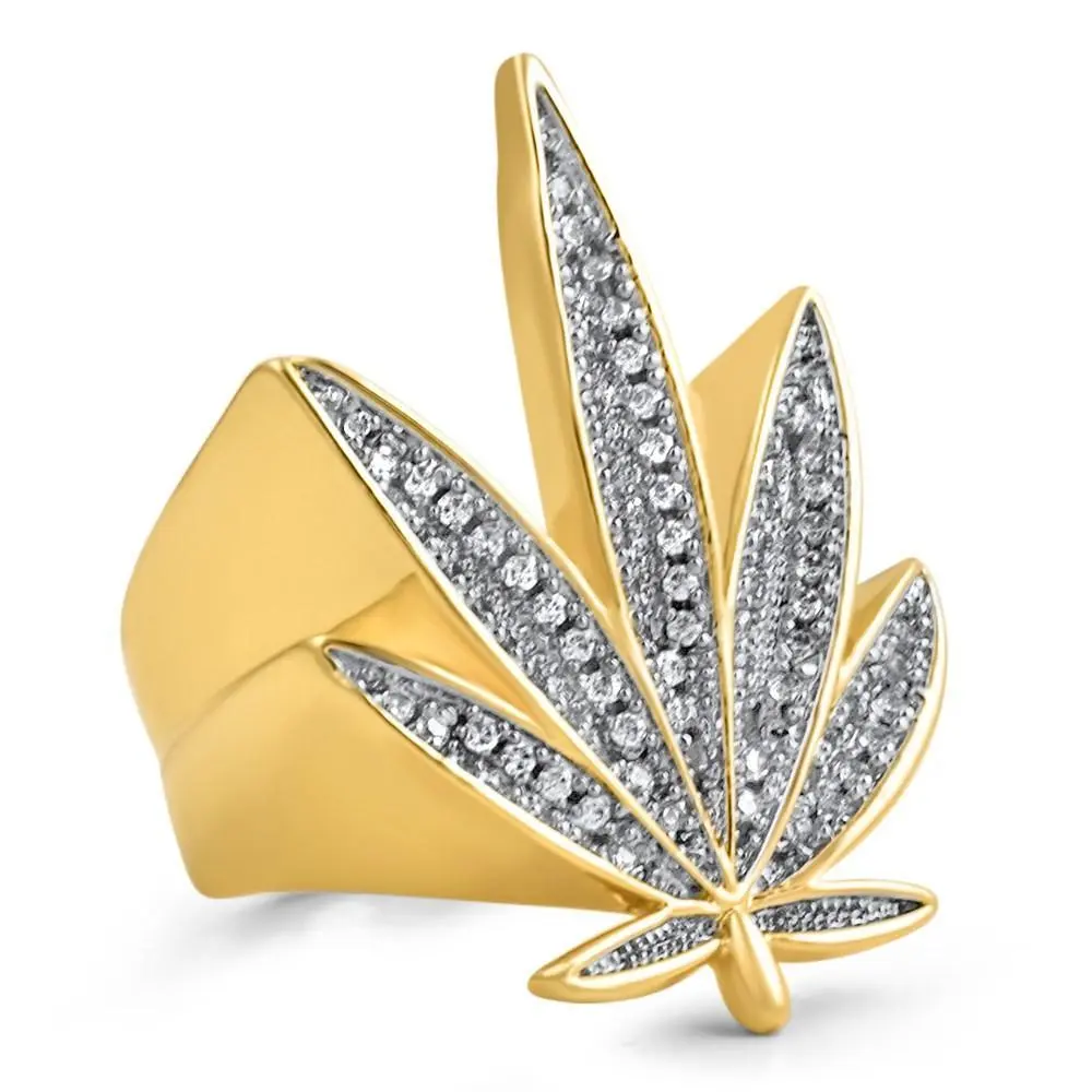 Marijuana Leaf 420 Gold Ring with Cubic Zirconia, Fashion Costume Jewelry Gold Rings for Daily Wear, Cubic Zirconia Rings