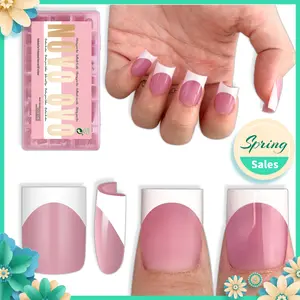 NOVO OVO Short Sharp Square White French Tip Nail Tips Press on BERRY PINK, Need Builder Gel Top Coat Nail Glue, Soft Gel Fake Nail Extension, Full Cover False Nails for Salon DIY x 15 Sizes 240 pcs【NO GLUE ,TOP COAT AND LAMP INCLUDED】
