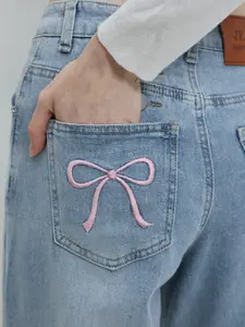 Sweet Girl Style Bow Embroidered Wide Leg Jeans High Waist Slimming Straight Pants, Women's Fashion Denim Trousers Spring