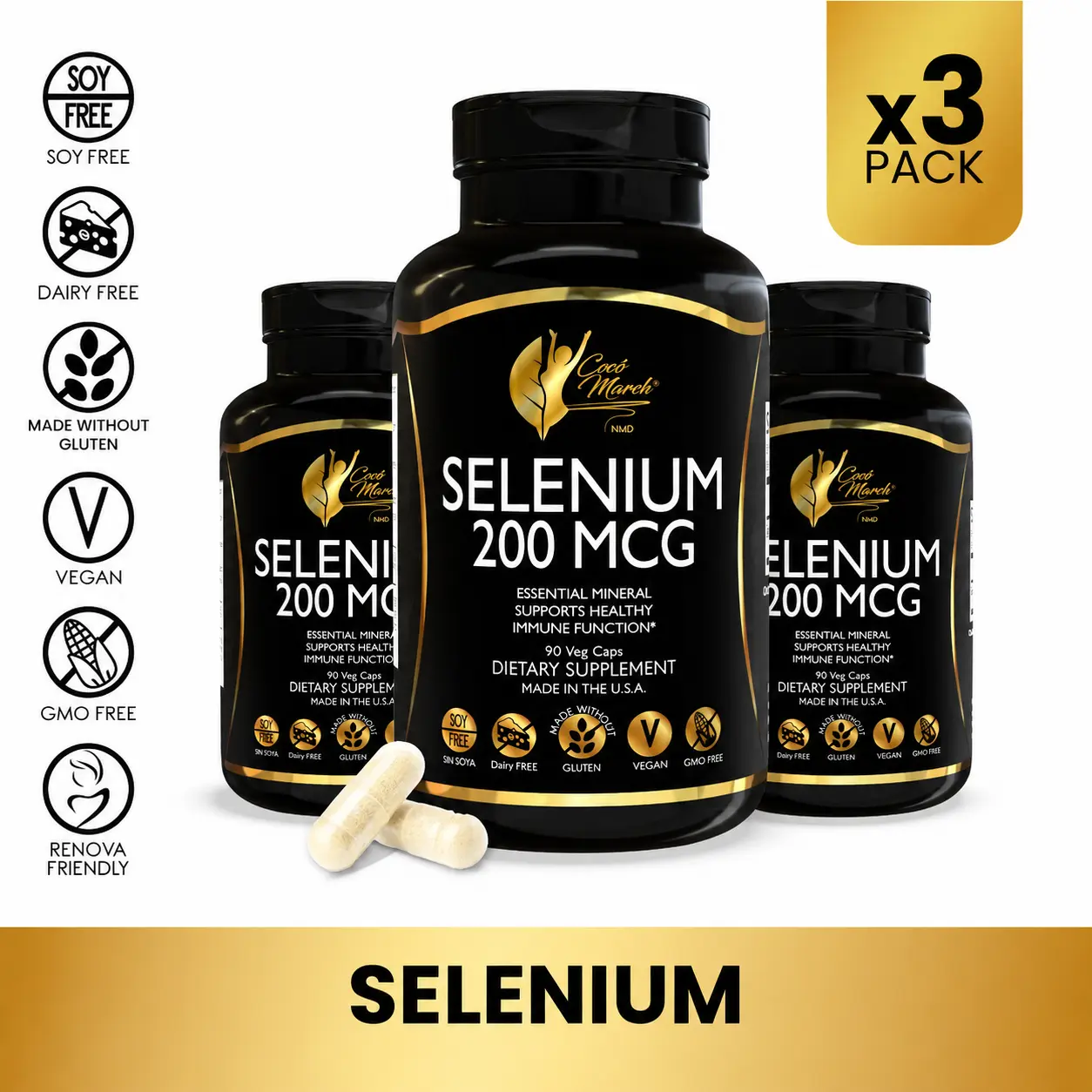 3 Bottles of Cocó March N.M.D Selenium Mineral Dietary Supplement, Antioxidant Wellness Support Supplement for Adults - 90 Capsules per Container