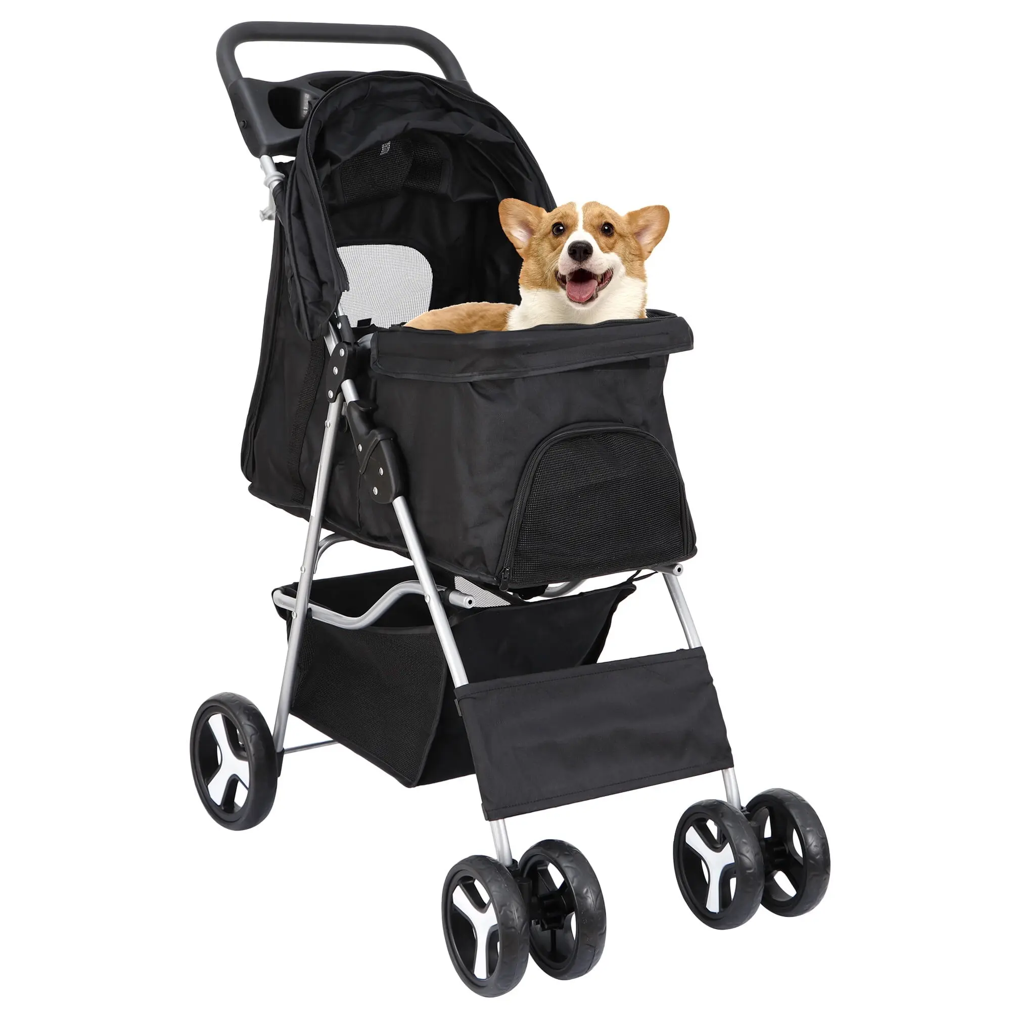 NOVA 4-Wheel Folding Pet Stroller for Small Dogs & Cats - Oxford Cloth Carrier Folding Cart, Comfortable Ride, Zipper, Plastic Parts, 29in L x 18.5in W x 39.5in H, 33lbs Capacity, Storage Space, Cup Holder, Tray, Ventilated Mesh