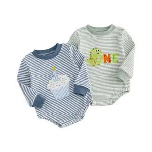 Baby Boys First Birthday Romper Cupcake/Dinosaur Embroidery Stripe Long Sleeve Jumpsuit for Party 6-18 Months