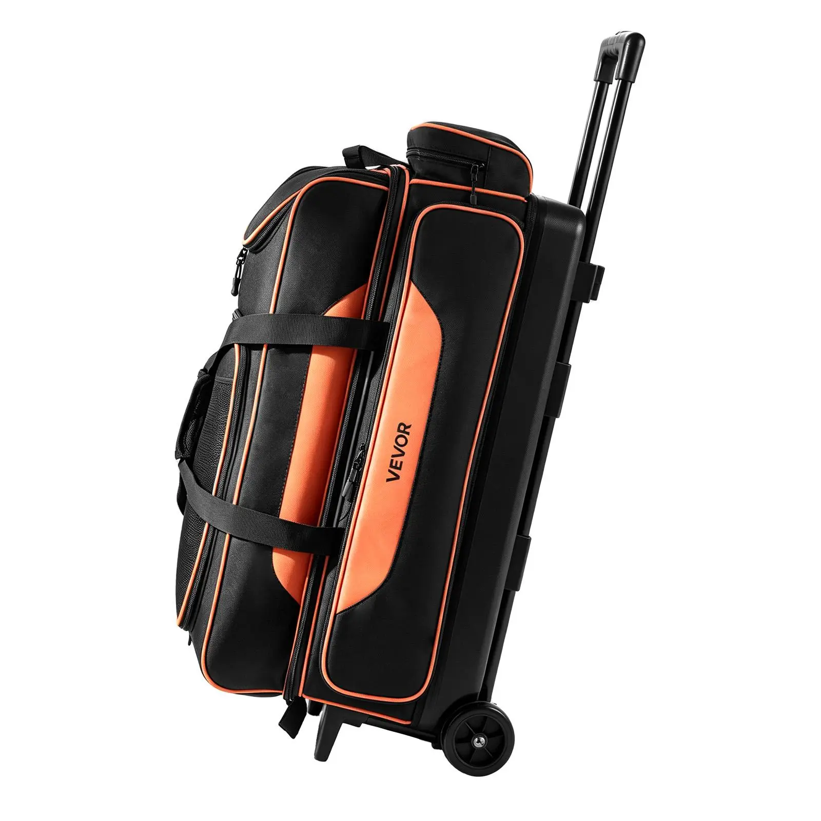 VEVOR 3 Ball Bowling Bag Double Roller Bag with Separate Shoe Compartment, for Bowling Shoes (Up To US Men Size 16), Rolling Ball Bag w/ Wheel, Accessory Pocket, Retractable Handle Extends to 40 in