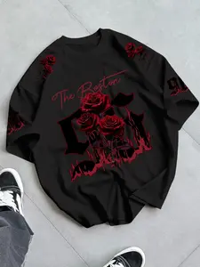 Men's Boston Rose Classic Graphic T-Shirt, Loose Fit Street Style Short Sleeve Round Neck Summer Top, Casual Streetwear Wear for Nightlife and Social Events, Fashion