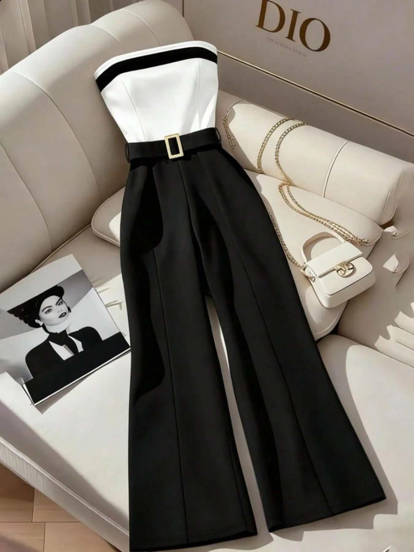 Contrast Halter One-Piece Pants, High-Waisted Wide Leg with Buckle Belt Set, Versatile Jumpsuit, Office Commute, Wedding Guest, Business Casual, Evening Party