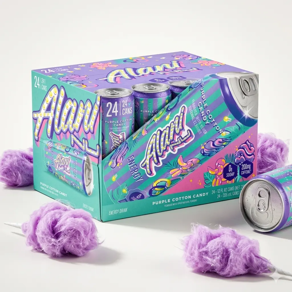 Alani Purple Cotton Candy Energy Drink, Sugar Free Low Calorie Energy Drinks, 12 fl oz Cans