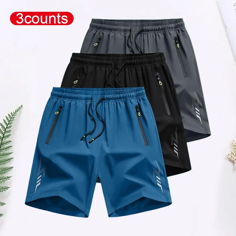3 pieces - Men's lightweight casual shorts - Elastic waistband, two side zippered pockets, breathable fabric, suitable for basketball, running, beach and outdoor activities - Casual sports shorts#SummerVibes