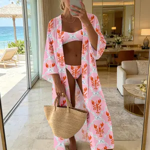 Beach Vacation Pink Lobster Print Two-piece Swimsuit Set, Long Cardigan, Sun Protection Cover-up.