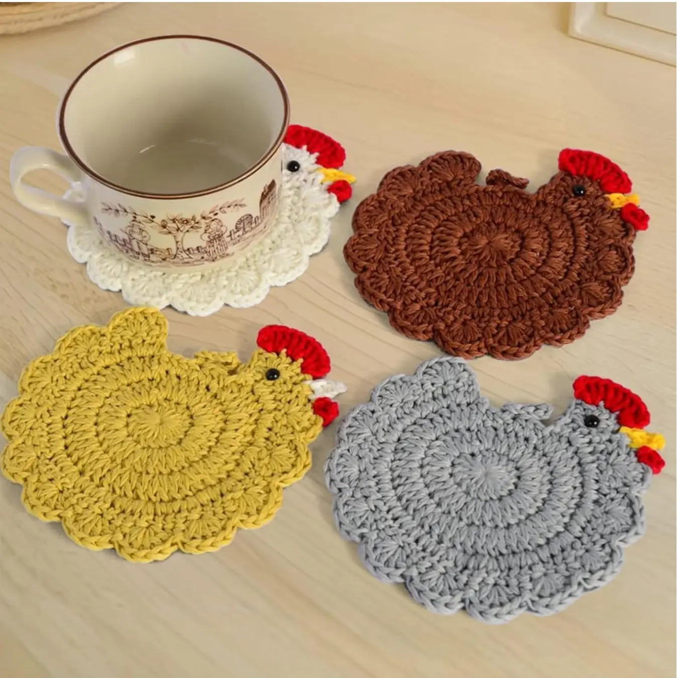 Handmade Crochet Chicken Coaster Set 4 Pieces, Fun Plush Animal Theme Coasters For Drinks, Cute Desktop Accessories, Home Decor, Table Protection