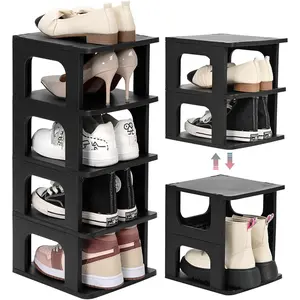 5-Tier Small Shoe Rack, Vertical Narrow Stackable Organizer with Removable Partition, Efficient Shoe Storage for Closet, Entryway, and Small Spaces (Black)