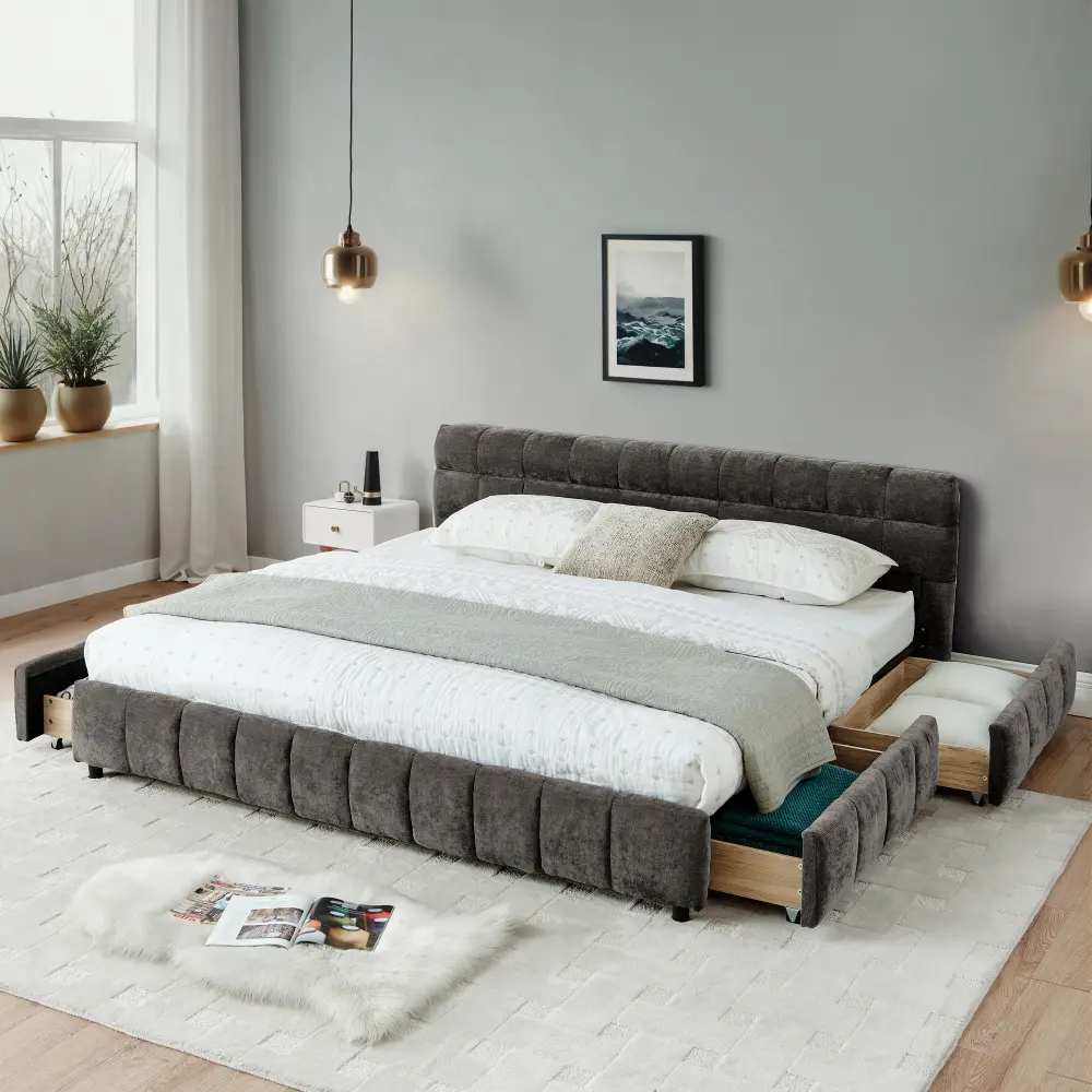 California King Size Upholstered Platform Bed - Contemporary Upholstered Design, Modern Platform Style with Chenille Fabric Headboard, Solid Structure, Storage Drawers, Requires Assembly (90.5in×80.5in×31in), Contemporary Upholstered Bed