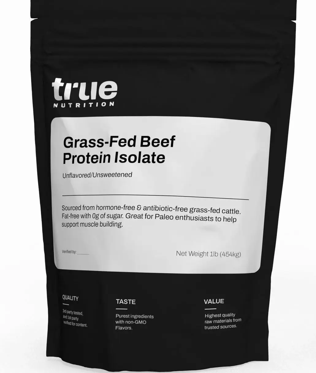 True Nutrition Grass Fed Beef Protein Powder Isolate - 29g of Paleo, Keto, Carnivore Beef Protein per Serving - Zero Carb, Fat and Gluten Free, Dairy Free, Soy Free - Unsweetened/Unflavored - 1LB