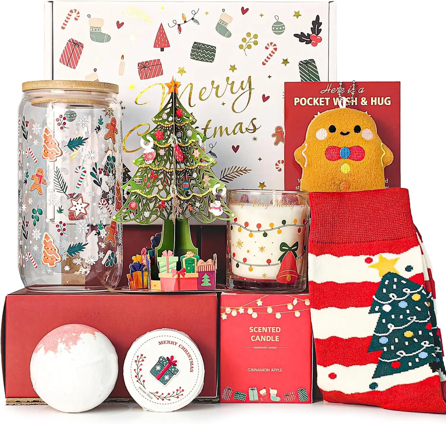 Christmas Gifts for Women, Unique Christmas Gift Basket for Coworker Teacher Employee Sister Best Friend Mom Wife, Xmas Holiday Gifts for Women Secret Santa Gift Box Set with Holiday Glass Cup