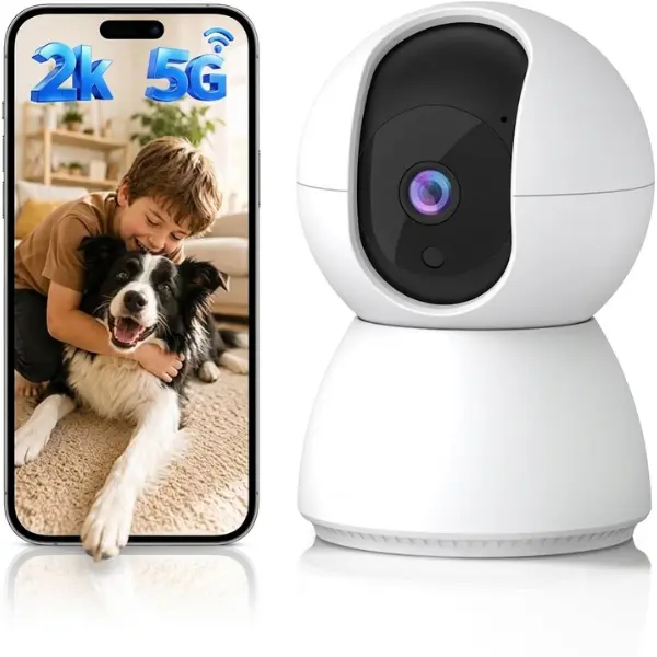 Indoor 2K Security Camera - Dual-Band 2.4/5GHz, Motion Tracking, Color Night Vision, 2-Way Audio, Compatible with Alexa & Google Assistant